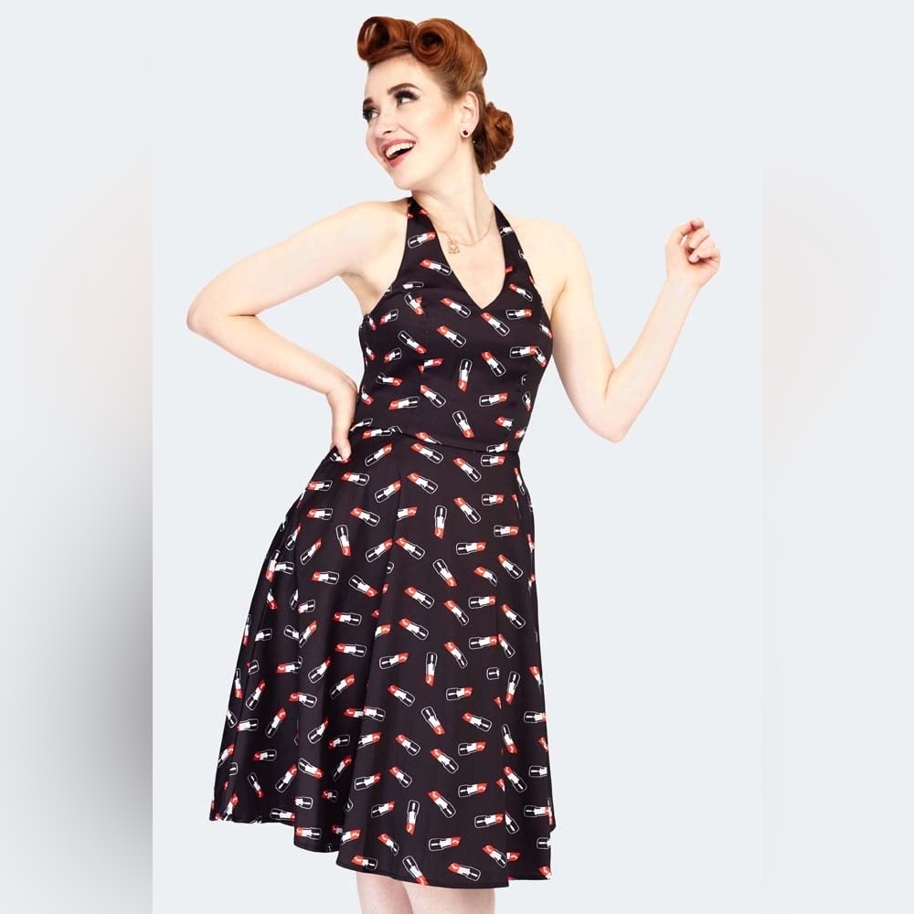 Voodoo Vixen Black Halter Lipstick  Flare Dress